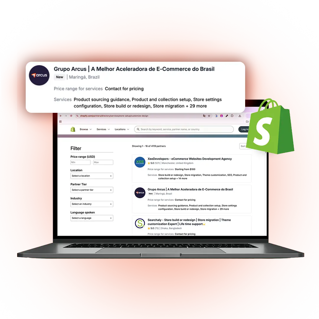 Grupo Arcus listada no diretório de parceiros da Shopify como A Melhor Aceleradora de E-Commerce do Brasil, em Maringá